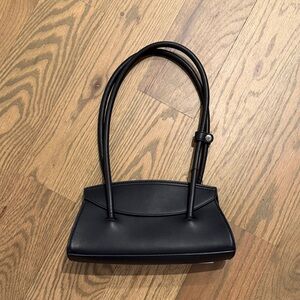 BCBG Sleek Vegan Leather Black Shoulder Bag with Long Straps